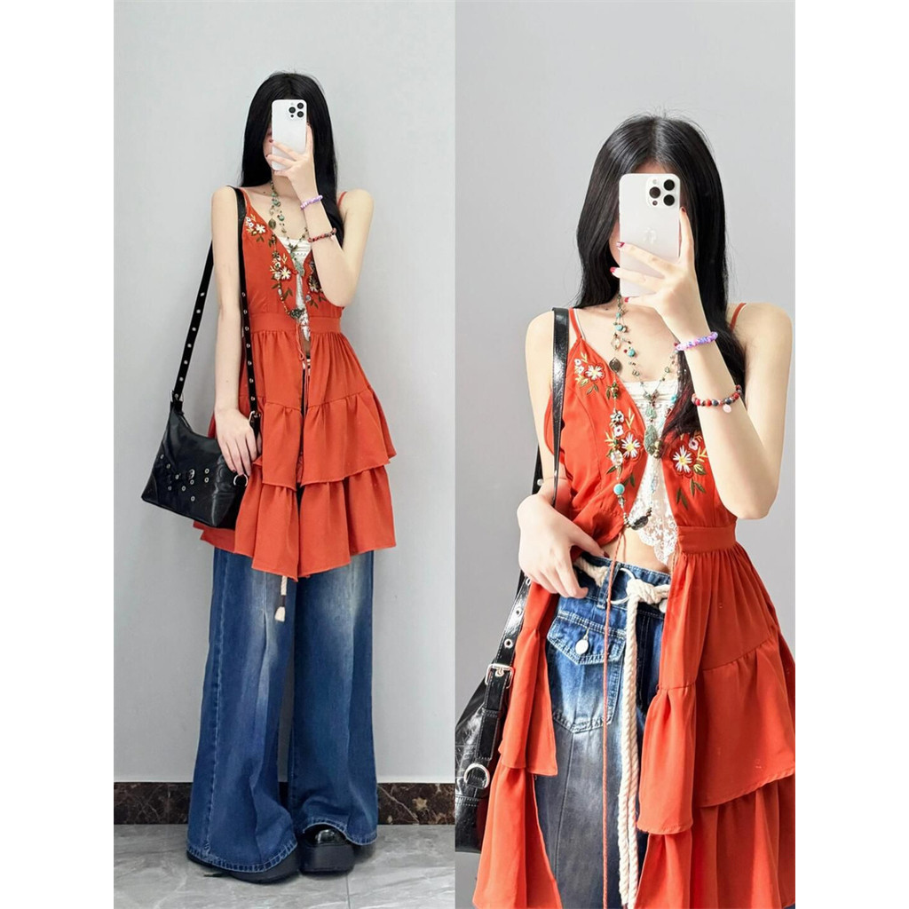 Xxyj Festive Red Series Ruffled Lace-Up ปักสีแดง Layered Sling A-Line กระโปรงฤดูร้อนกระโปรงสีขาวอารมณ์