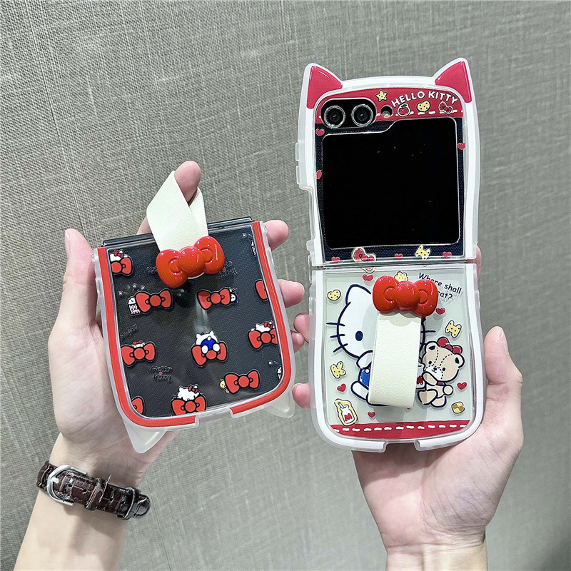 สีแดง KT หูแมวสไตล์นุ่มสําหรับ Samsung Z Flip 6 Z Flip 5 4 3 TPU กรณีกันกระแทกโทรศัพท์กลับน่ารักกรณี