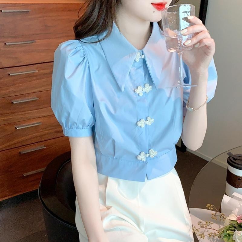 สดพัฟแขนเสื้อสีฟ้าเก๋สีกากีเอวเสื้อขนาดเล็กสั้นสไตล์ตะวันตกชีฟองด้านบน - รูปที่ 6