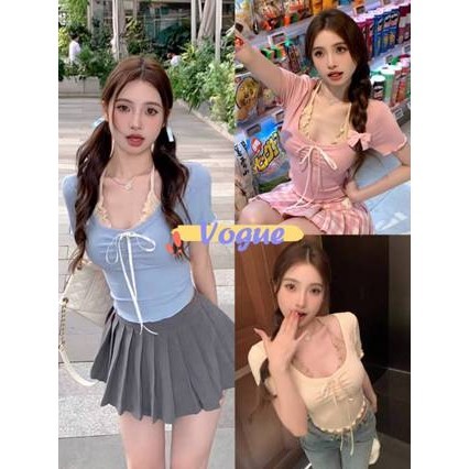 Vogue​ ​พร้อมส่ง​ แขนสั้นสองชิ้นปลอม ครอปท็อปคอกลมแขนสั้น ดีเสื้อเสื้อยืดทรงเข้ารูป (FY064)