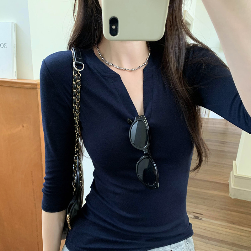 Women Tops (40-65 กก.) แฟชั่นฤดูร้อนสไตล์ฝรั่งเศส 3/4 แขน T เสื้อ Slim Fit V คอเสื้อยืดธรรมดา