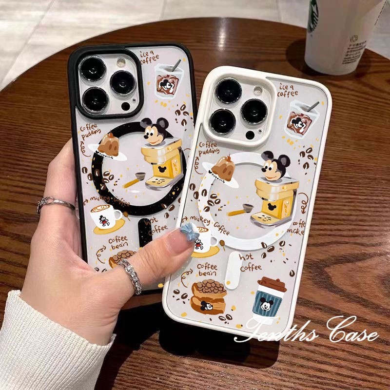 ใช้งานร่วมกับสําหรับ iPhone 16 15 11 14 13 12 Pro Max X XR Xs Max การ์ตูนเมาส์กาแฟคุณภาพสูงโปร่งใส Protector แม่เหล็กไร้สายชาร์จเคสโทรศัพท์นุ่ม