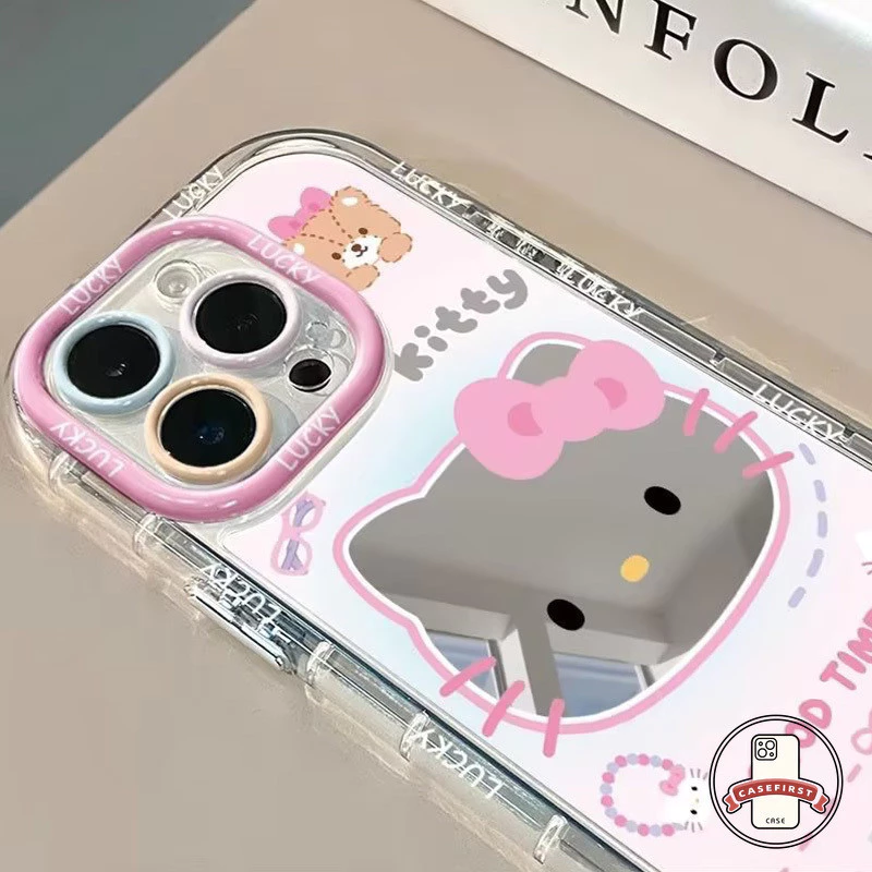 หรูหราขึ้นกระจกเคสแมวคิตตี้น่ารักเข้ากันได้กับ IPhone 16 17 air 15 13 12 11 14 Pro Max 14 8 15 7 16 Plus XR X XS SE