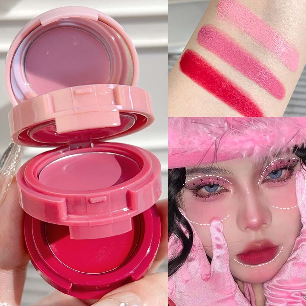 Face Blushes - Smooth Mousse น้ําหนักเบา เสร็จสิ้นเรียบเนียน - สําหรับแก้ม, ดวงตา, Shaping, Lip - 3 in1 Cream Facial Lipstick Blush Palette - Face Make up Cosmetic