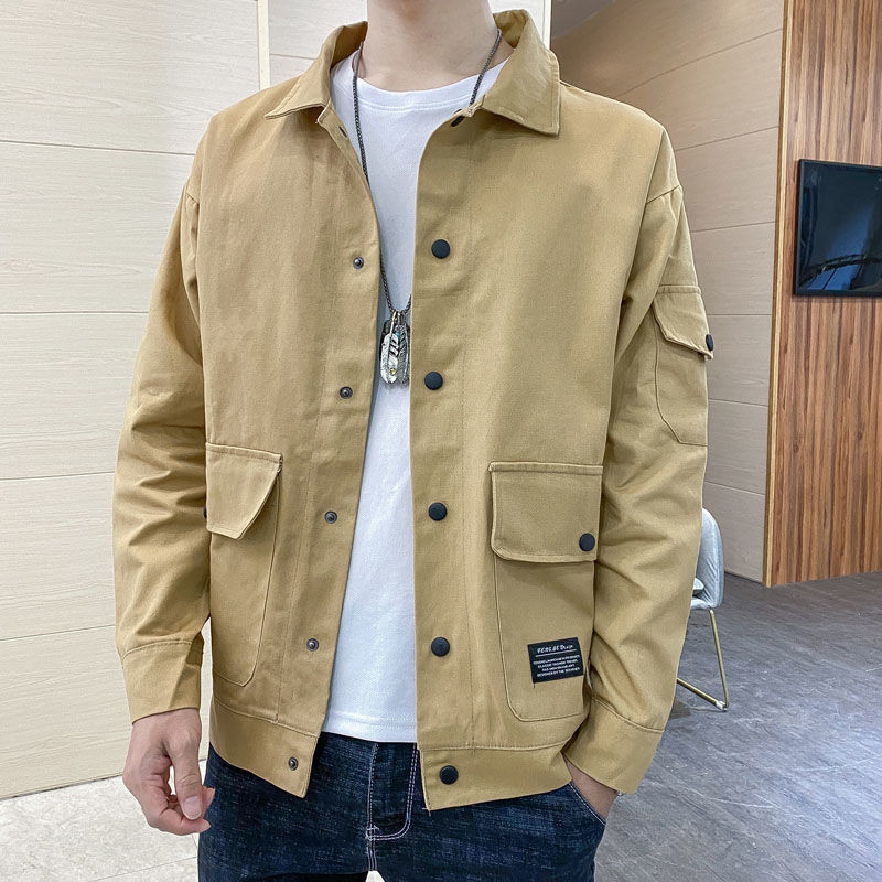 ฤดูใบไม้ผลิและฤดูใบไม้ร่วงของผู้ชายอินเทรนด์ Workwear คอสบายๆสีทึบลดน้ำหนักแจ็คเก็ตฉบับเกาหลี