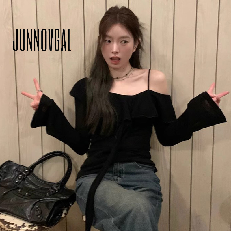 Junnovgal เสื้อยืดผู้หญิง Slim Fit ปิดไหล่สีทึบ 2024 แขนยาวสไตล์ใหม่