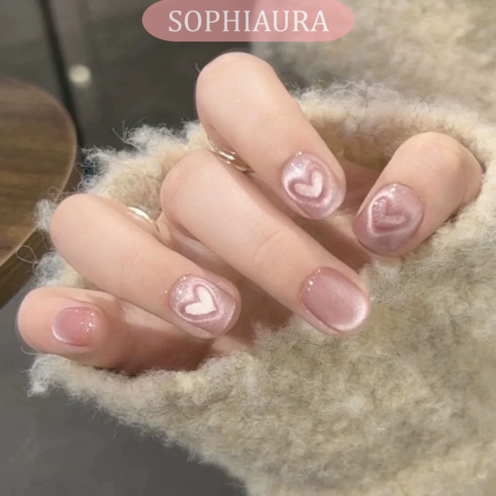 Sophiaura เล็บทําด้วยมือหัวใจ Cat Eye การออกแบบธรรมดา Super สั้นสแควร์รูปร่างสีชมพู Classy Reusable Natrual เล็บปลอมทําด้วยมือกดบนเล็บเล็บปลอมเล็บ