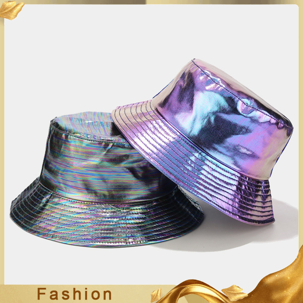 Spht_ หมวกบักเก็ต Unisex กันน้ํา Holographic ปรับป้องกันแสงแดดหนัง Faux แบนหมวกชาวประมงสําหรับออกนอกบ้านทุกวัน