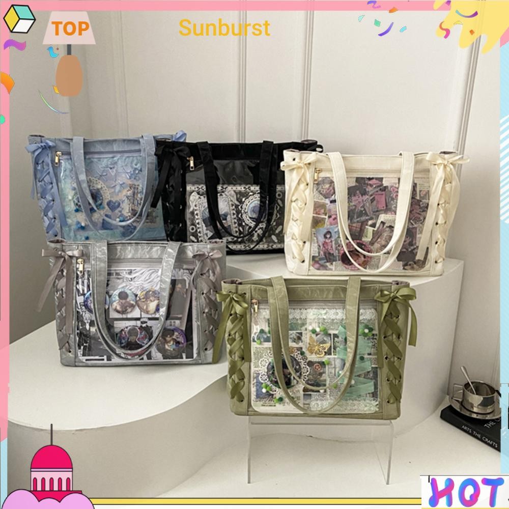ผู้หญิงกระเป๋าสะพายหนัง PU โบว์ริบบิ้น Tote Bag โปร่งใสกระเป๋าเดินทางทํางาน [Sunburst11.th]