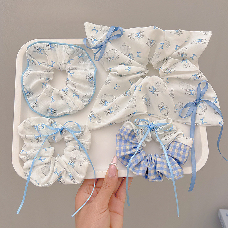 แฟชั่นแมวสีฟ้าพิมพ์ Scrunchies ผู้ถือผมหางม้าผูกผม Headwear เครื่องประดับผม
