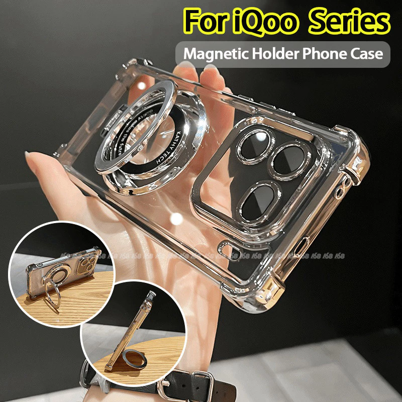 iQOO Z11X Z9 Z9X Z10 15 15R 13 12 Neo 10 5G เคส iQOO Z9 Turbo ใสวุ้นกันกระแทกเคสพร้อมตัวป้องกันเลนส์กล้องที่ยึดแม่เหล็กสําหรับโทรศัพท์มือถือ เคสโทรศัพท์ไฟฟ้าหรูหราโปร่งใส