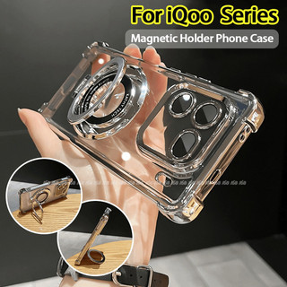 เคส iQOO Z9 Z9X Z10 15 15R 13 12 Neo 10 5G เคส iQOO Z9 Turbo ใสวุ้นกันกระแทกเคสพร้อมตัวป้องกันเลนส์กล้องที่ยึดแม่เหล็กสําหรับโทรศัพท์มือถือ เคสโทรศัพท์ไฟฟ้าหรูหราโปร่งใส
