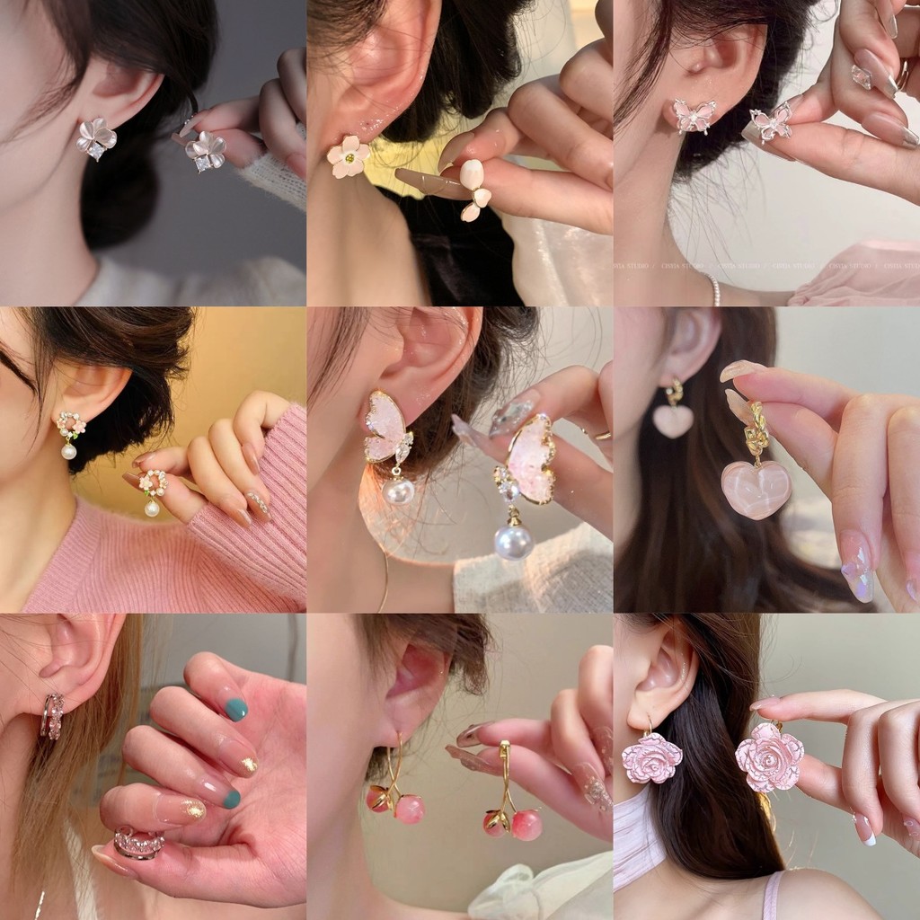 925เข็มเงินสีชมพูหัวใจสาวดอกไม้พู่ผีเสื้อหูอารมณ์หวานนางฟ้าสุดหรูรักต่างหูต่างหู