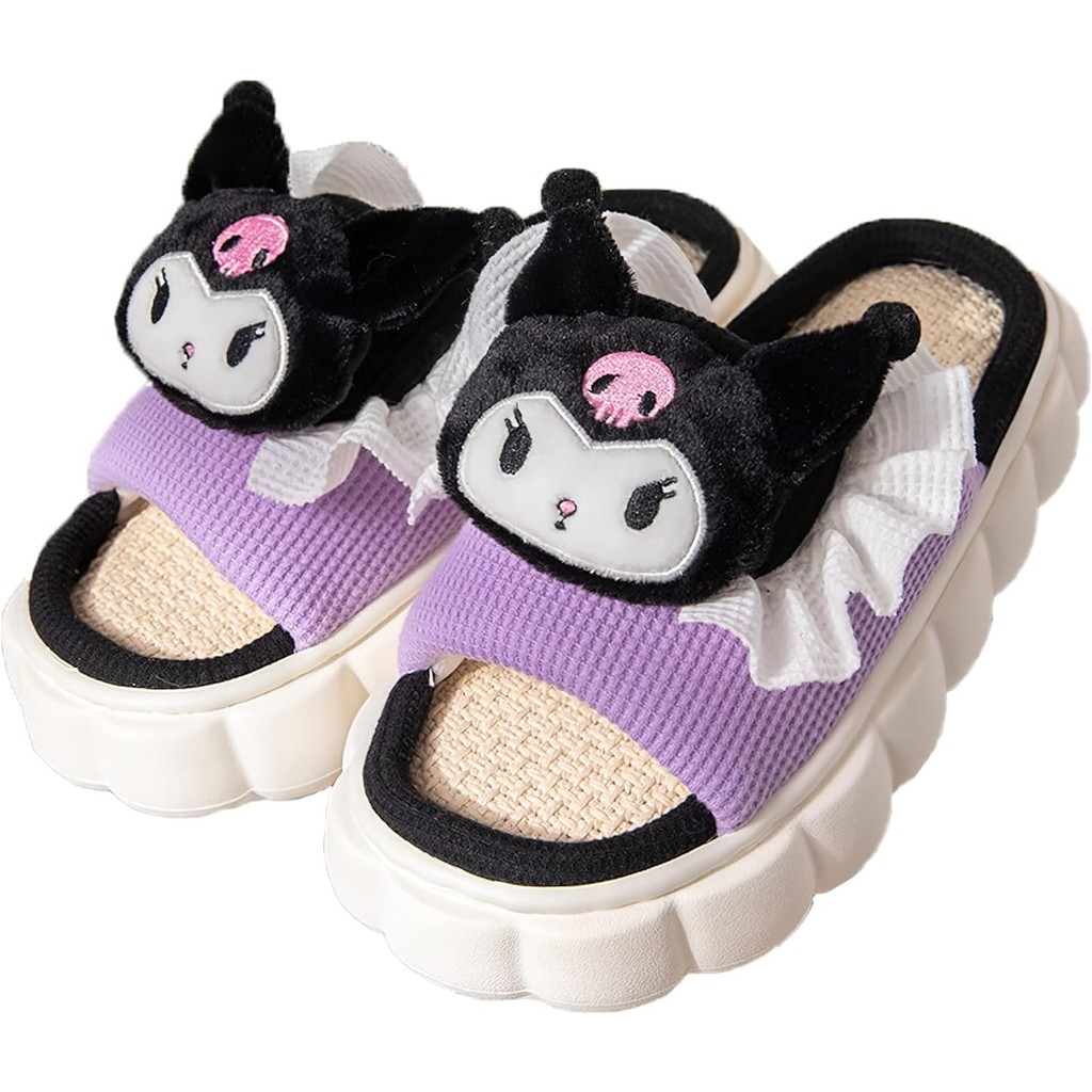 รองเท้าแตะ น่ารัก Cinnamaroll Sanrio Kuromi Kitty Furry Slides - การ์ตูนผู้หญิงผ้าลินินรองเท้าแตะ Mute ผ้าลินินรองเท้าสไลด์สําหรับผู้หญิง