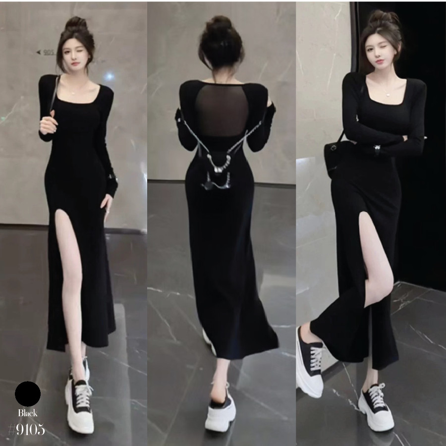 เดรสดำยาวเที่ยวผับ ด้านหลังเซ็กซี่ซีทรู กระโปรงผ่าข้าง ทรงเข้ารูป ชุดไปปาร์ตี้กลางคืนสุดแซ่บ #9105