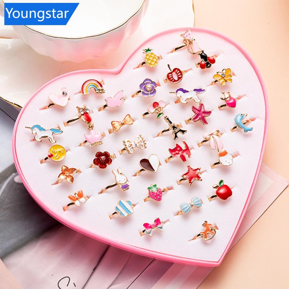 Ys 12/36 ชิ้นเงาปรับเด็กการ์ตูนแหวน Candy ดอกไม้เพชรโบว์รูปร่างแหวนชุด Jewellery แหวนของเล่นเด็กหญิง D1U9