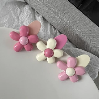 1ชิ้นน่ารักสีชมพูดอกไม้กิ๊บสีดําสีขาวด้านคลิปเรียบกิ๊บ
