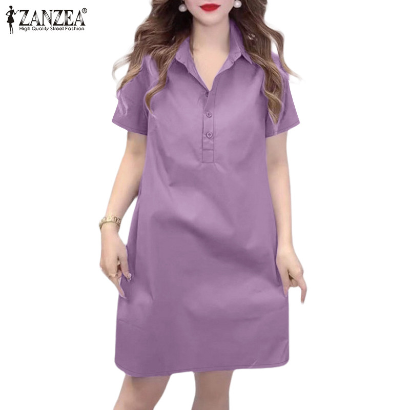 Zanzea ผู้หญิงเกาหลีอารมณ์สีทึบแขนสั้นกระเป๋าเสื้อเชิ้ตหรูหรา