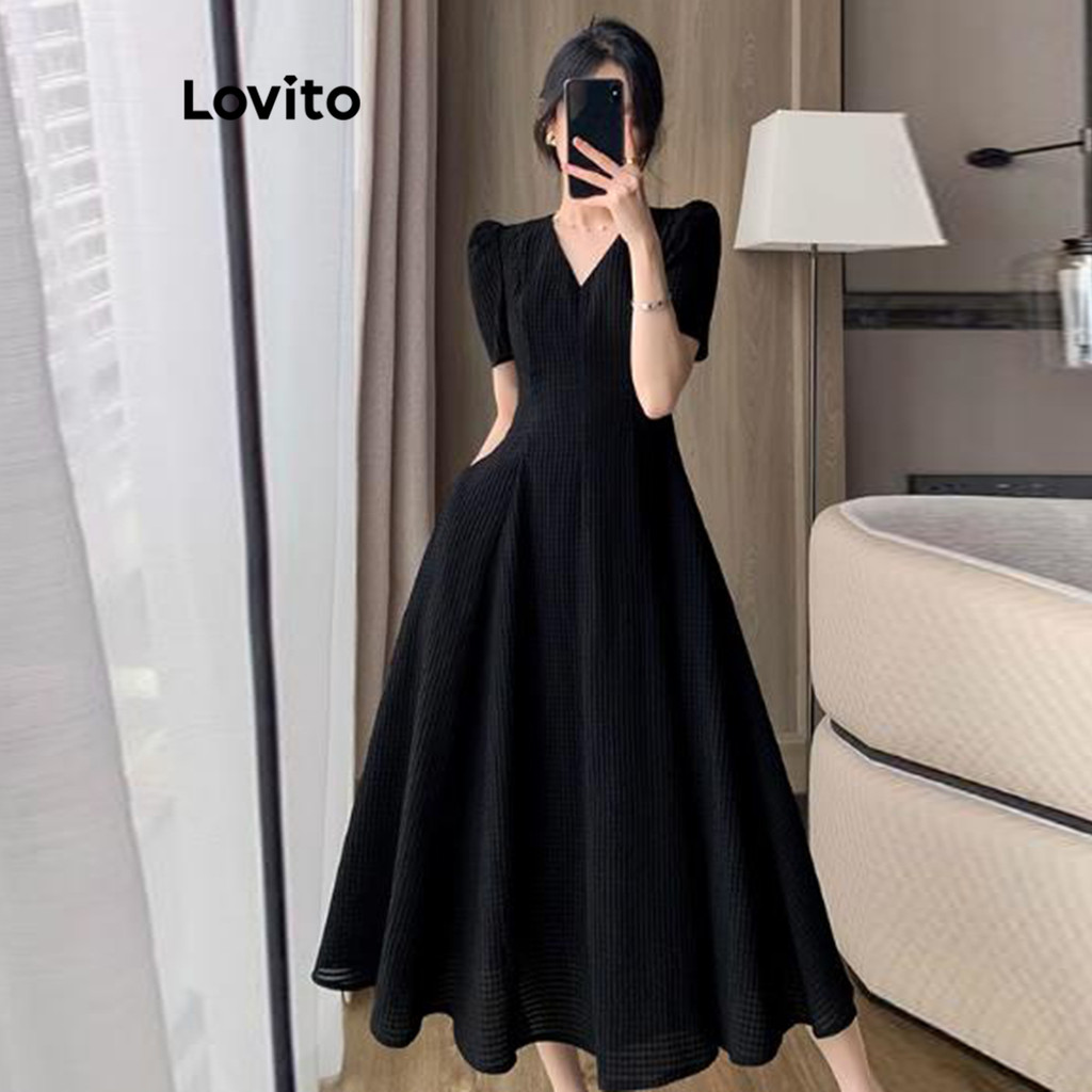 Lovito ชุดเดรสผู้หญิง เบสิก สีพื้น สไตล์ลำลอง LNM66039