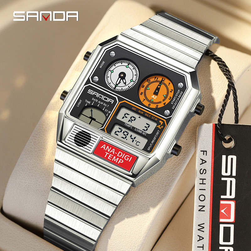 Sanda Retro อินเทรนด์ Punk Dual Display Luminous กันน้ําอิเล็กทรอนิกส์ควอตซ์นาฬิกาผู้ชาย SD3192-5