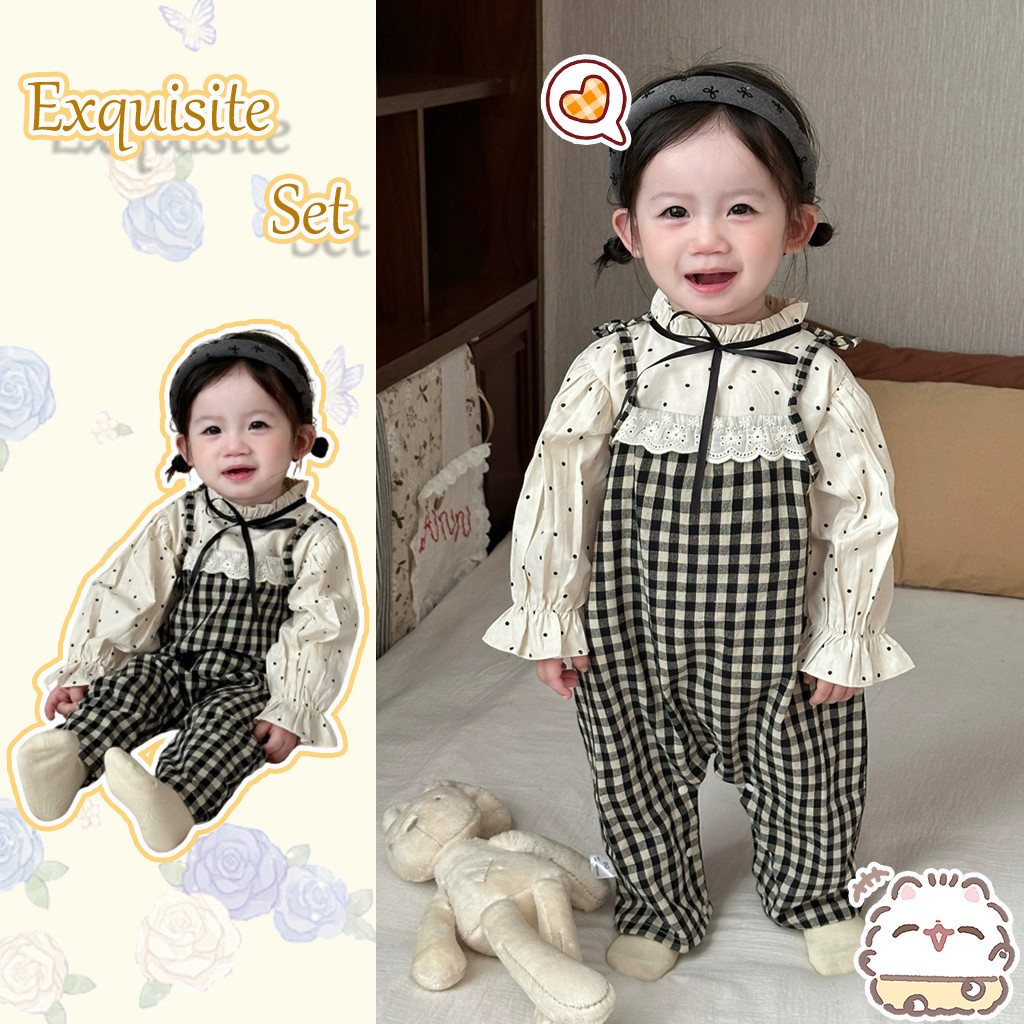 Ins ต้นฤดูใบไม้ร่วงทารกแรกเกิดชุดทารกประณีตสีดํา Polka Dot Apricot นุ่มแขนยาว + Checkered Camisole Jumpsuit เสื้อผ้าเด็ก 0-24 เดือน