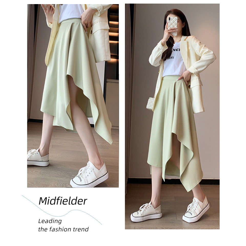 กระโปรงยาวเอวสูงทรงเอสไตล์วินเทจสำหรับฤดูใบไม้ผลิและฤดูใบไม้ร่วง ดีไซน์ไม่สมมาตร พลีท ช่วยให้ดูสูงและเพรียว ใส่สบายและแมทช์ได้ง่าย - รูปที่ 4