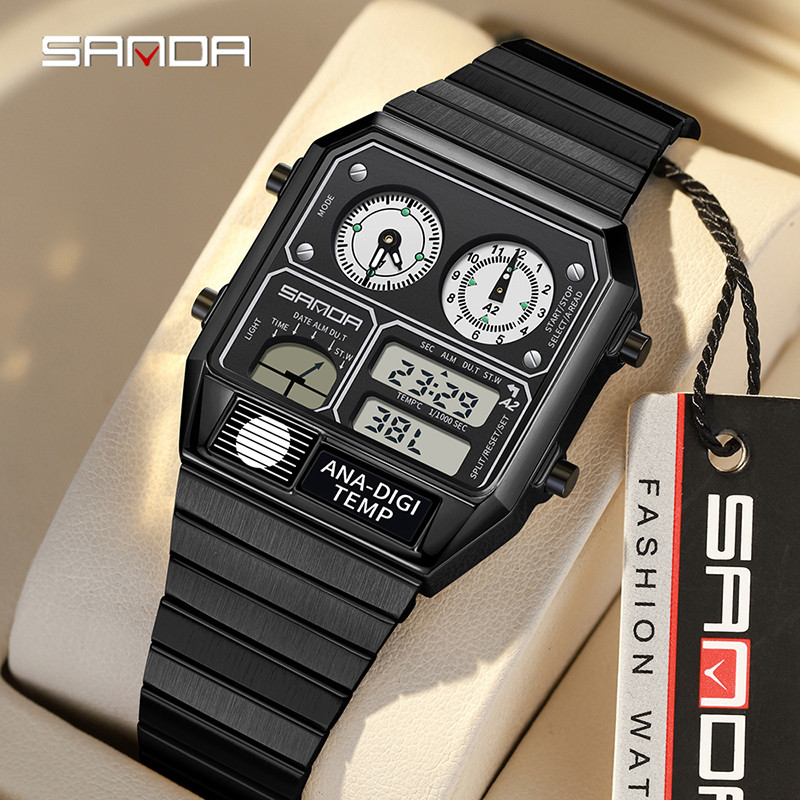 Sanda Retro อินเทรนด์ Punk Dual Display Luminous กันน้ําอิเล็กทรอนิกส์ควอตซ์นาฬิกาผู้ชาย SD31926