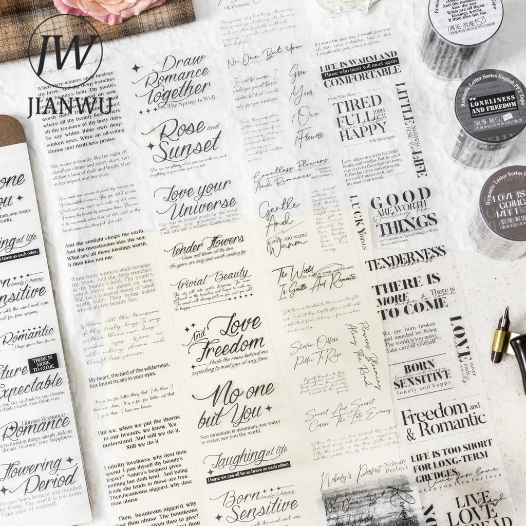Jianwu 60 มม.* 200 ซม.โรแมนติก Letter Series Vintage ภาษาอังกฤษข้อความวัสดุ Collage PET เทป Creative DIY Journal เครื่องเขียน