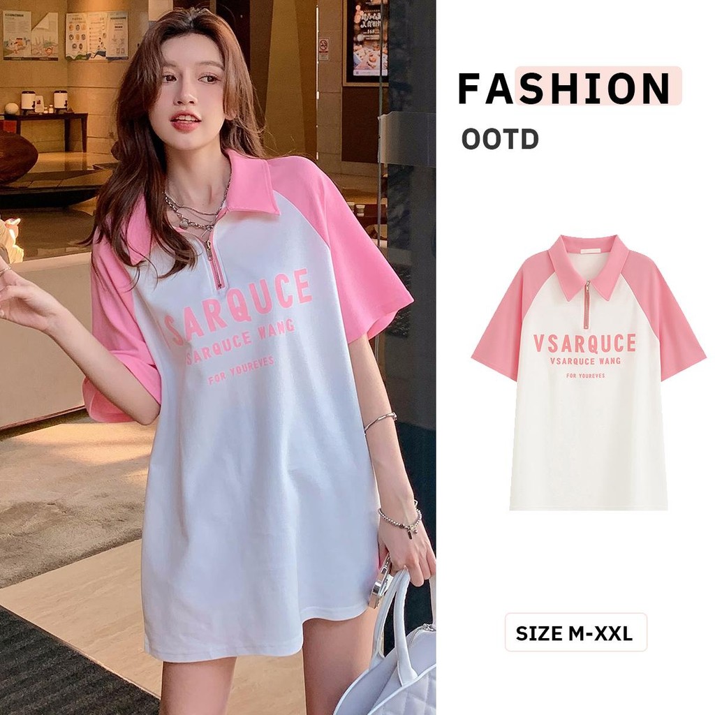 MIMI&DIDI#เสื้อยืดโปโลผู้หญิง แขนสั้น ส่งไวจากไทย M-2XL เสื้อโอเวอร์ไซส์ สไตล์เกาหลี ลายสกรีนตัวหนังสือ#2637