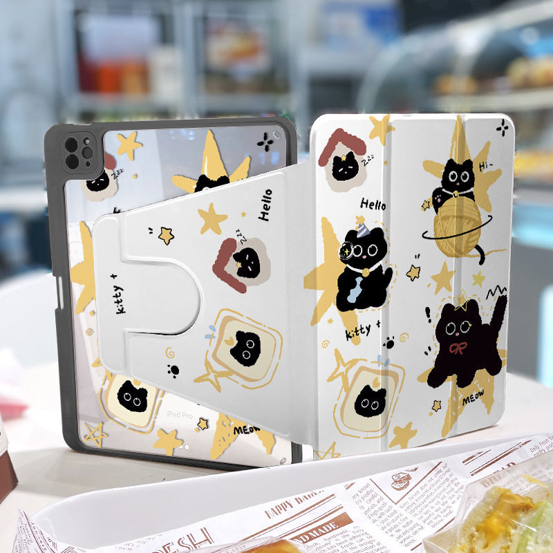 360 ° เคส iPad หมุนได้พร้อมช่องเสียบปากกา Graffiti Hair Ball แมวดําอะคริลิค Backboard Pro11 2020 Gen10 Gen9 Gen8 Gen7 Gen6 Gen5 Air6 Air5 Air4 ฝาครอบ iPad หมุนได้