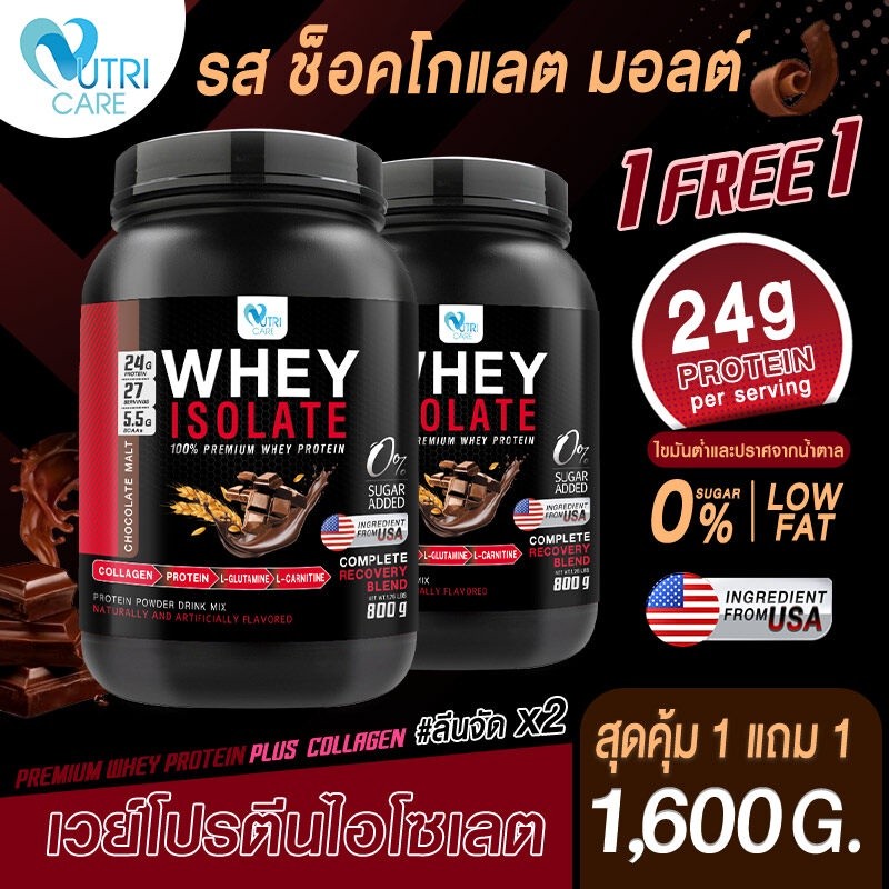 📦ส่งฟรี📦 (1แถม1) Nutri Care Whey Isolate 100% Premium Whey Protein  รสช็อคโกแลต โปรตีนสูง อร่อยดื่มง่าย ลีนไขมัน