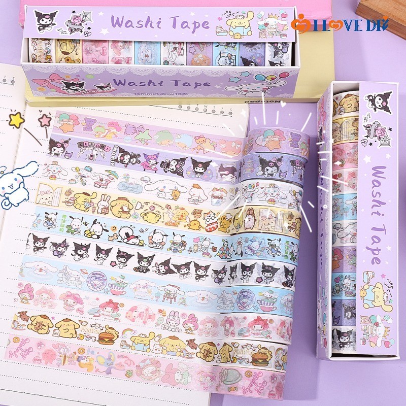 SANRIO 10ม้วน/แพ็ค ทําเอง บัญชีมือสมุดเทปวาชิ - การ์ตูน ซานริโอ คุโรมิ กระดาษเทป - นักเรียนตกแต่งเทปเครื่องเขียน