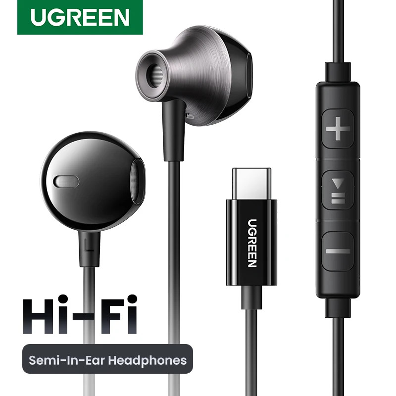 Ugreen หูฟังแบบมีสายไฮไฟสเตอริโอกึ่งเปิดในหู 3.5 มม. USB Type C หูฟังแบบมีสายพร้อมไมโครโฟน