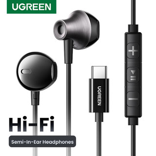Ugreen หูฟังแบบมีสายไฮไฟสเตอริโอกึ่งเปิดในหู 3.5 มม. USB Type C หูฟังแบบมีสายพร้อมไมโครโฟน