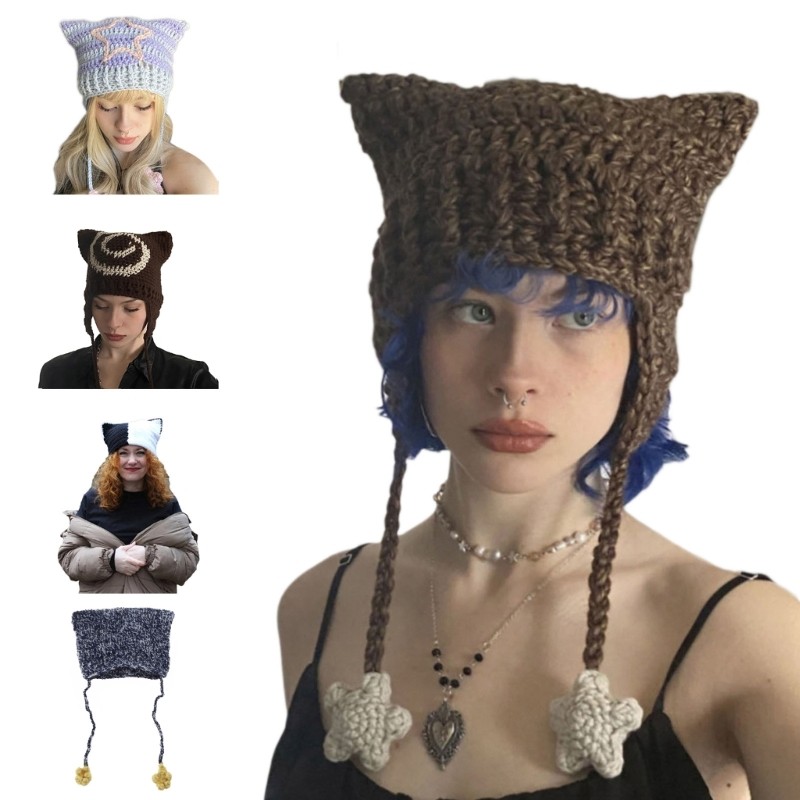 XU น่ารัก Y2K-สไตล์หมวกหูแมวปีศาจน้อยถักหมวก Slouchy Beanies สําหรับผู้หญิง