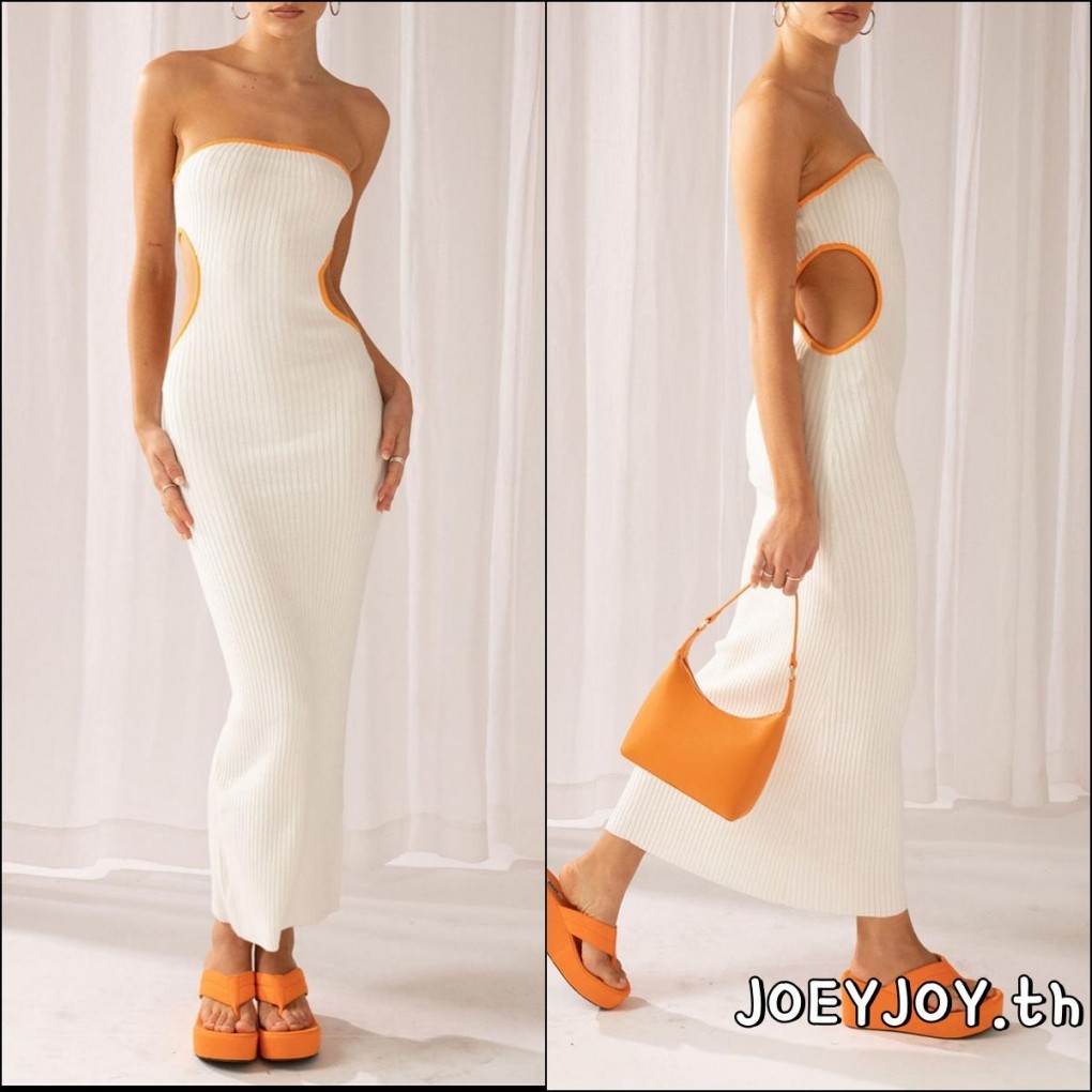 Joeyjoy-ผู้หญิง tidding Bodycon Tube Dressed Strapless Side Cutout Contrast Color Ribbed Long Dresses