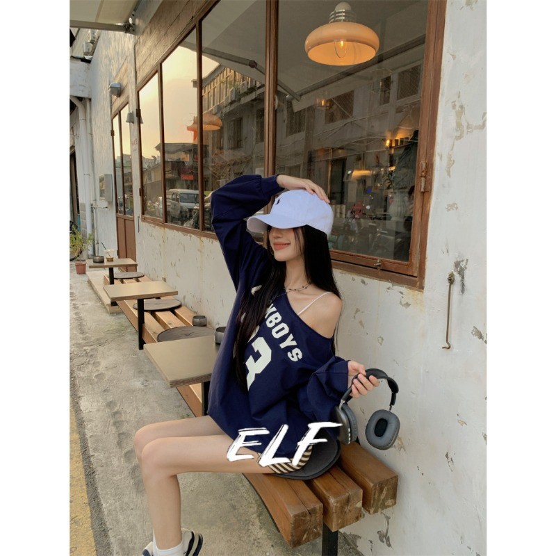 Retro Digital Print ไหล่เอียง Casual Off Shoulder Long Sleeve Top