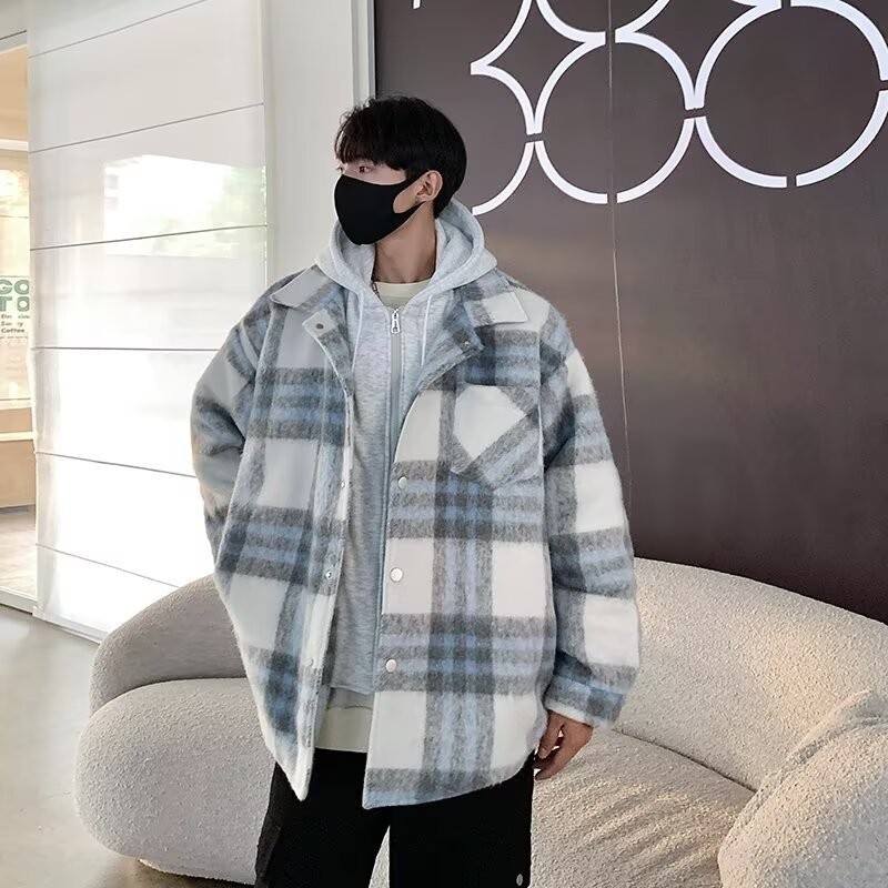 กระแสน้ํา หมี เสื้อแจ็คเก็ตผู้ชายใหม่เกาหลีรุ่นย้อนยุคลําลองระดับไฮเอนด์ลายลายสก๊อตทําด้วยผ้าขนสัตว์กระเป๋าเดียวออกแบบเย็นและมีสไตล์วัยรุ่นคู่สไตล์แขนยาวด้านบ