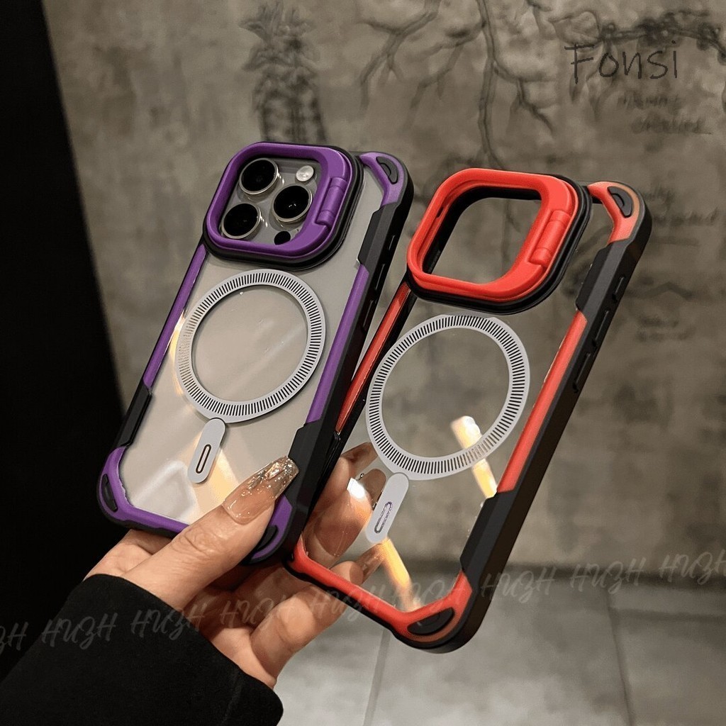 หรูหรา สี่มุม Super anti drop เคสโทรศัพท์แม่เหล็กสําหรับ iPhone 15 14 13 Pro Max 15 Plus เลนส์กล้องขาตั้งปลอกป้องกันรวมทุกอย่างกันกระแทกฮาร์ดปกหลัง