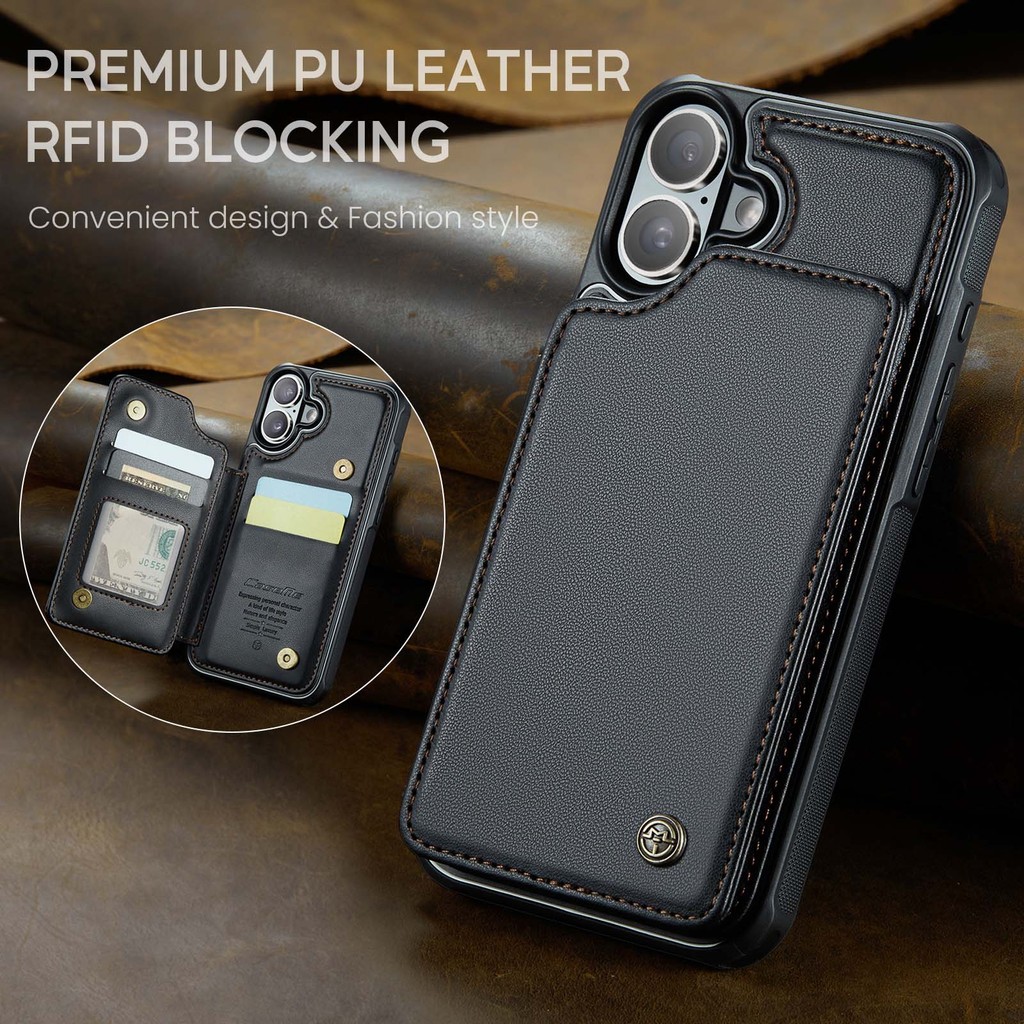 Luxury16 Promax ช่องใส่การ์ดหนังเคสโทรศัพท์สําหรับ iPhone 16 15 14 13 12 11 Pro Max 16 Plus คุณภาพที่เหนือกว่าปลอกขาตั้งป้องกันรวมทุกอย่างกันกระแทกฮาร์ดปกหลัง