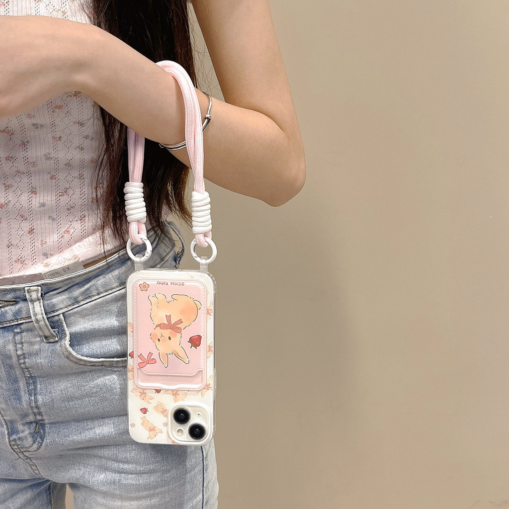 เคสโทรศัพท์ภาพสําหรับiphone15 Card Clampสายรัดข้อมือชุดIns iPhone 14 13 12 11 15plus 15promax 14plus 7 8plus X XRน่ารักสีขาวกระต่ายดอกไม้ใส่การ์ดเคสโทรศัพท์