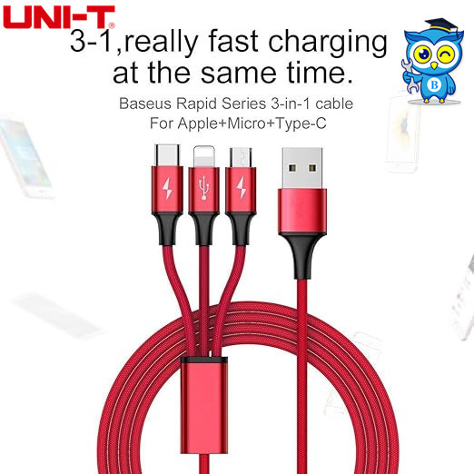 UNI-T สายชาร์จข้อมูล USB แบบหลายหัว iP Micro USB Type-C สายชาร์จ 3in1 สายชาร์จข้อมูลเร็ว 3A (สีแดง)