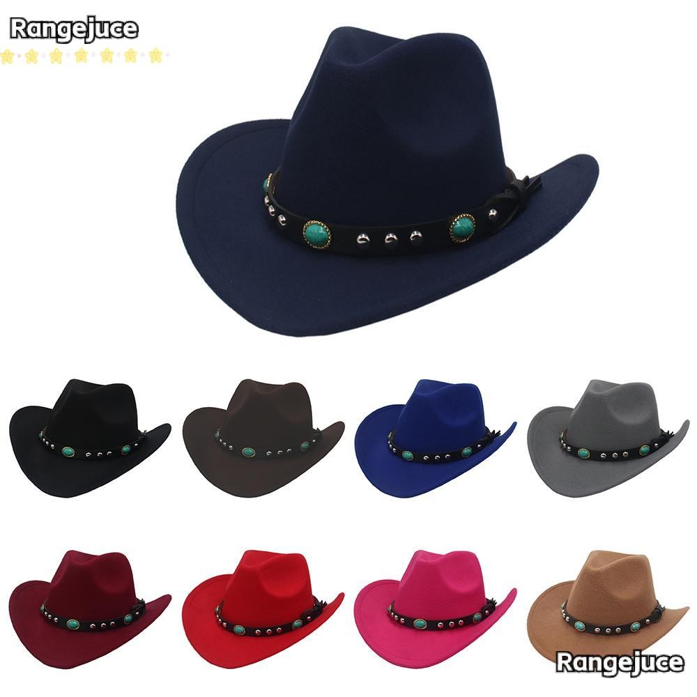 หมวกคาวบอย RANGEJUCE พร้อมแถบตกแต่งหยิกปีกกว้าง Western Cowgirl หมวก, Cool Classic Cropped Jazz หมวกสําหรับผู้หญิงและผู้ชาย