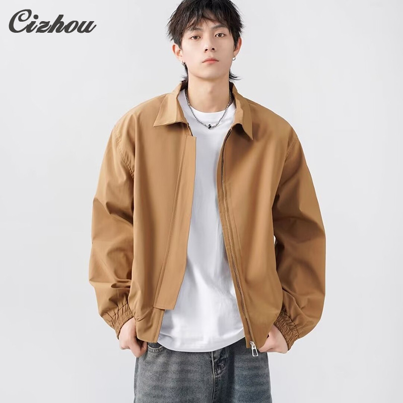 แจ็คเก็ตเครื่องมือสั้นผู้ชาย แจ็คเก็ตเสื้อเทรนช์ปกหล่อลําลอง