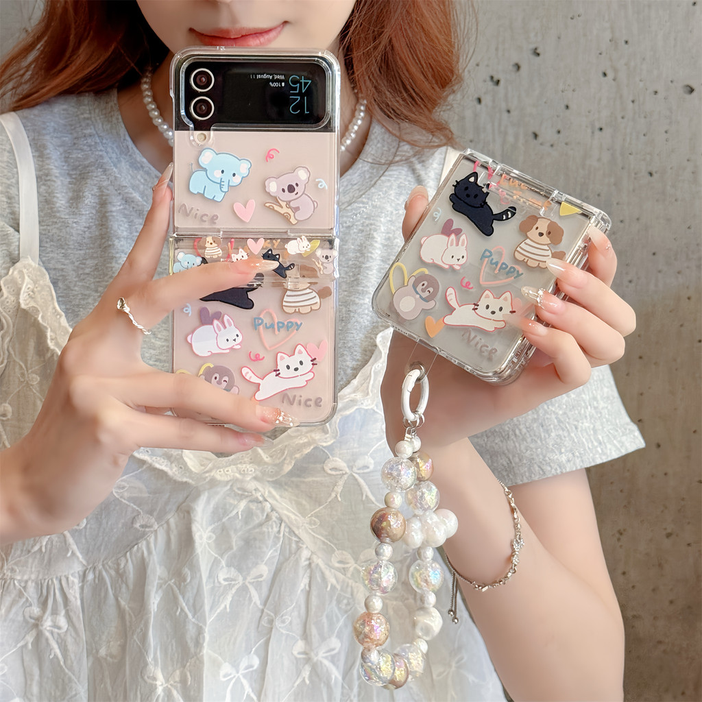 Luken เกาหลีน่ารักเต็มหน้าจอสัตว์เคสโทรศัพท์พร้อมสร้อยข้อมือลูกปัดเมฆสําหรับ Galaxy Z Flip5 zflip5 Z