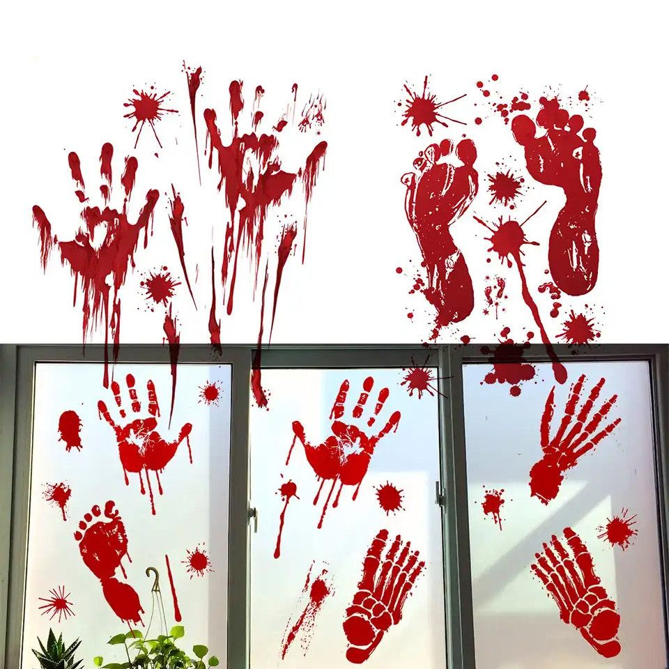 1 ชุดน่ากลัว Bloody Handprint ฮาโลวีนสติ๊กเกอร์ Wall Window Floor Decor PVC Happy Halloween Party อุปกรณ์ตกแต่ง