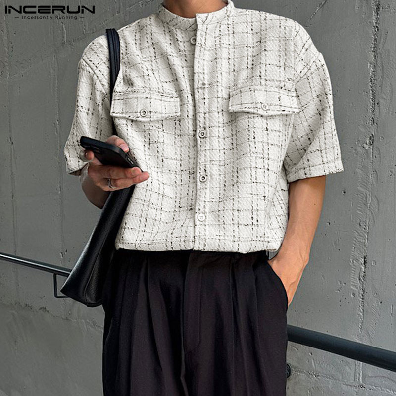 ไม่แน่นอน ผู้ชายเกาหลีลําลองรอบคอลายสก๊อตแขนสั้นเสื้อหลวม