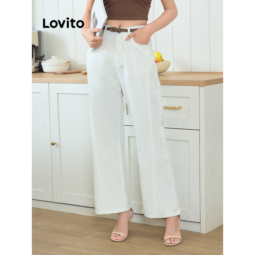 Lovito โครงสร้างเรียบง่ายสบาย ๆ สายกางเกงยีนส์ปุ่มสำหรับผู้หญิง L95ED175