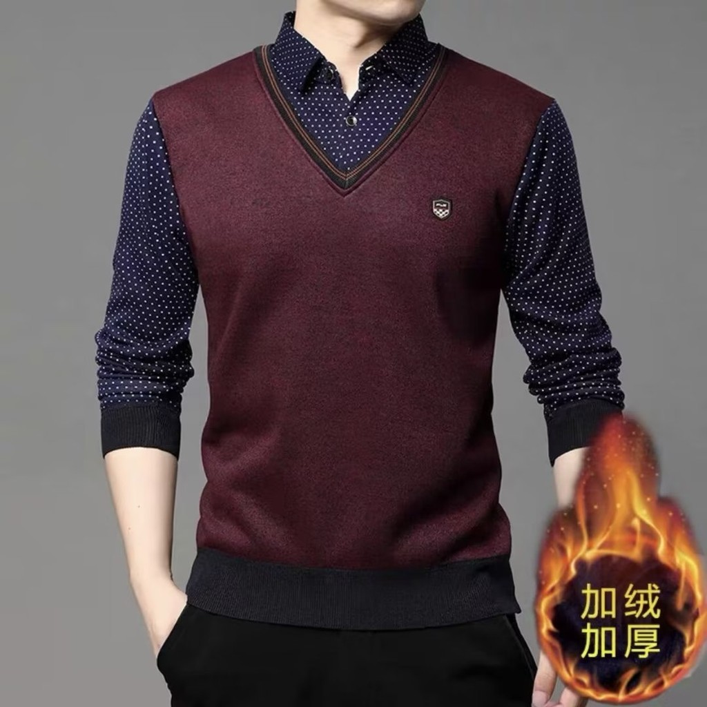 เสื้อสเวตเตอร์สองชิ้นปลอมพร้อมกํามะหยี่หนาและชั้นฐานอบอุ่น