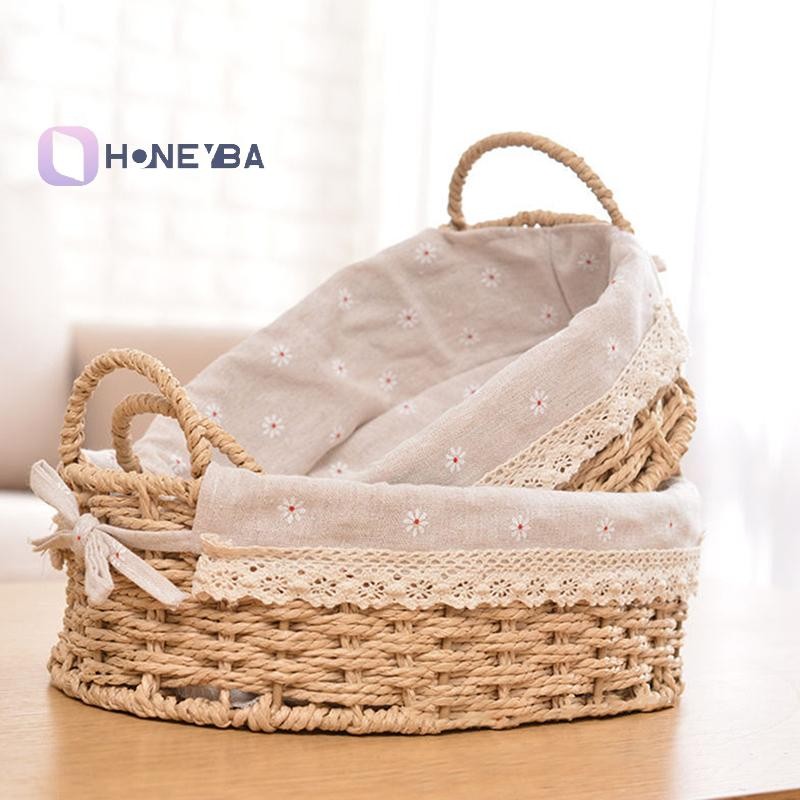 <Honeyby>ทอตะกร้าเก็บห้องครัวทอมือพร้อมที่จับกล่องเครื่องสําอางอาหารเช้าตะกร้าผลไม้ห้องนอนห้องน้ําตกแต่งบ้านที่ดี